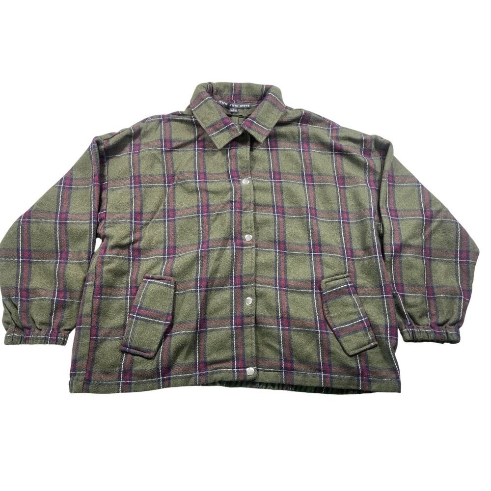 HYFVE Womens Medium Plaid Shacket Olive Green Oversized Snap Front Jacket